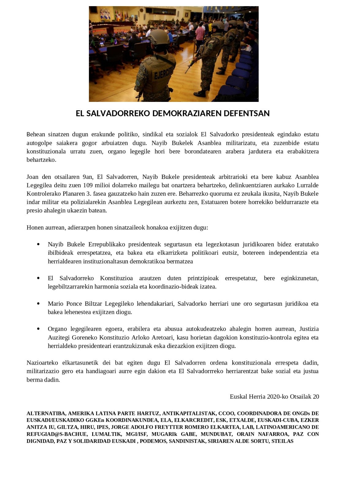 El Salvadorreko demokraziaren defentsan El Salvadorreko demokraziaren defentsan