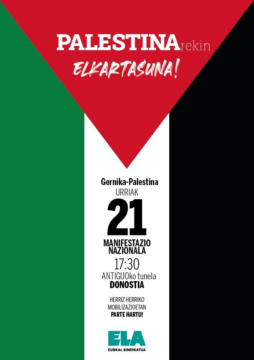 ELAk bat egin du Palestinari elkartasuna adierazteko urriaren 21ean Donostian egingo den manifestazioarekin ELAk bat egin du Palestinari elkartasuna adierazteko urriaren 21ean Donostian egingo den manifestazioarekin