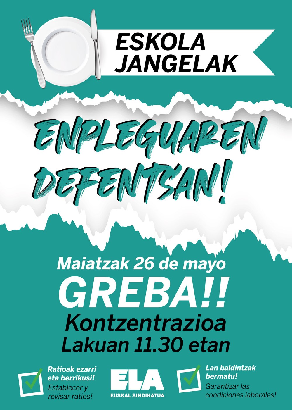 ELAk greba deitu du maiatzaren 26rako EAEko eskola-jantokietan enpleguaren alde