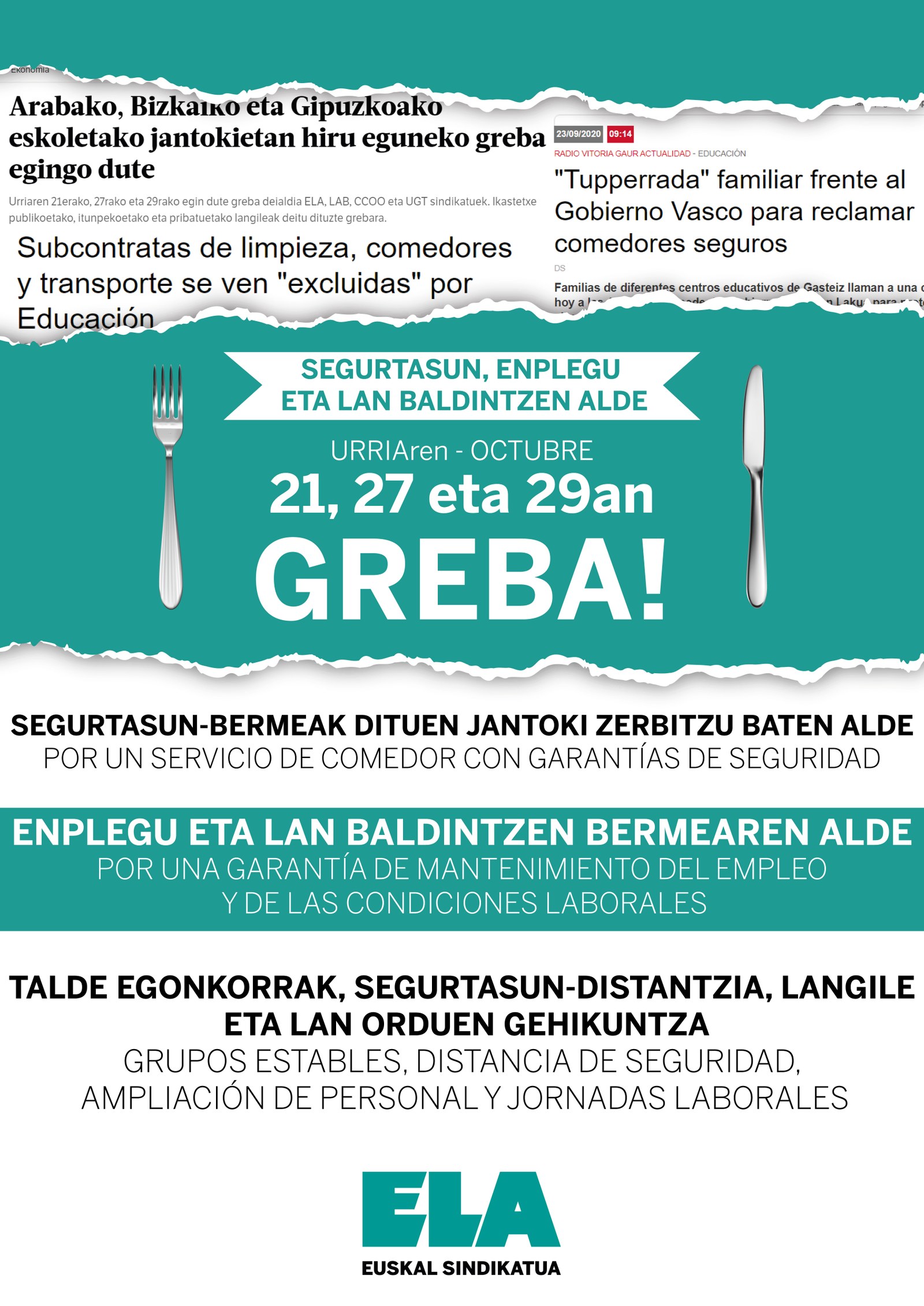 ELAk, LABek, CCOOk eta UGTk grebari eutsi diote ikastetxeetako jantokietan, Hezkuntza Sailak bilera deitu arren