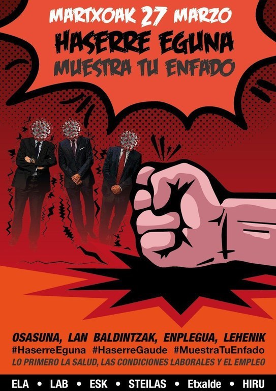 ELA, LAB, ESK, Steilas, EHNE et Hiru ont lancé un appel à la mobilisation le 27 mars dans les centres de travail ou dans les foyers, en défense de la santé, l’emploi et les conditions de travail