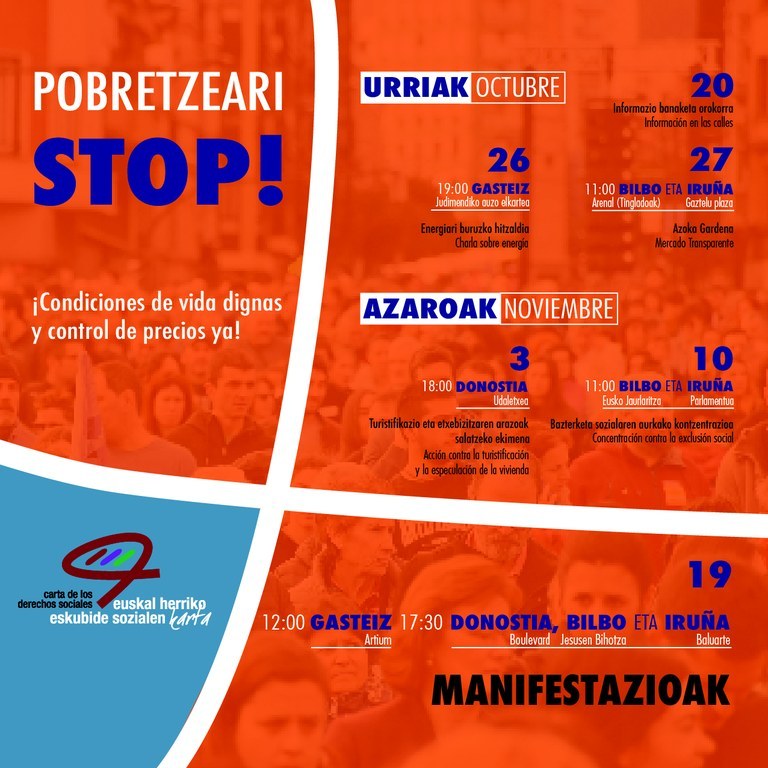 La Charte des Droits Sociaux de Euskal Herria lance un appel à la mobilisation pour contrer la pauvreté : des manifestations le 19 novembre